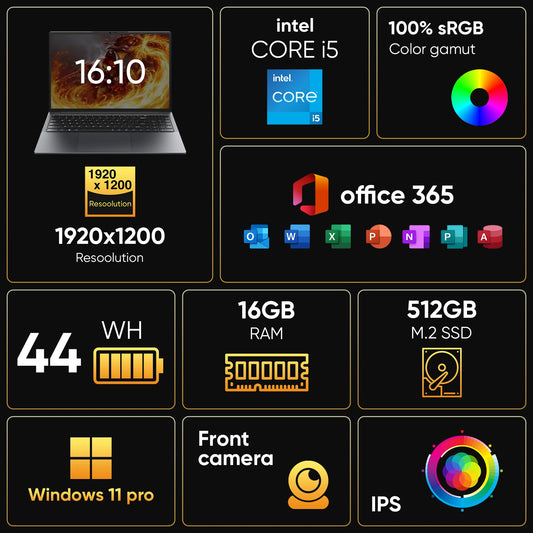 16" Laptop Computer Intel Core i5 Processor Win11 Pro Laptop 16GB RAM 512GB SSD 1920 x 1200 16:10 Display with Backlit Keyboard