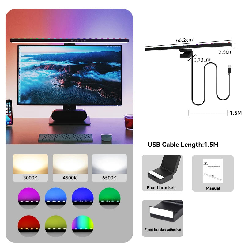 RGB Led Monitor Light Bar 60CM Music Sound Control Computer Ambient Lamp for Game Room Dimming Reading Screen Light Bar Monitor