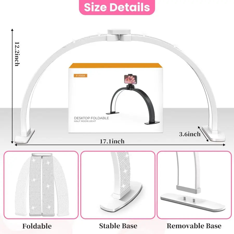 Nail Half Moon Light Arch Rhinestone LED 29in Moonlight with Phone Holder Stand 3 Light Colors 10 Brightness Levels Professiona
