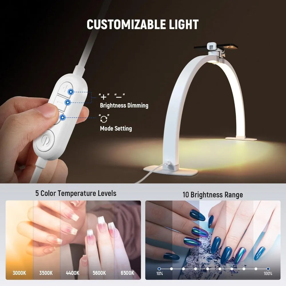Basics 29 Half Moon Nail Light for Desk, 36W Foldable Nail Tech Table Arc Lamp, LED Manicure Half Ring Light with Phone