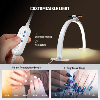 Basics 29 Half Moon Nail Light for Desk, 36W Foldable Nail Tech Table Arc Lamp, LED Manicure Half Ring Light with Phone