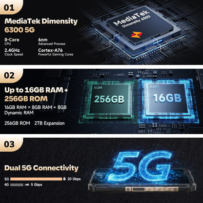 【2025 New】Ulefone Armor X16 Pro 5G Rugged Phone Smartphone Android 15 Up to 16GB+256GB 10360mAh Glare Flashlight Night Camera