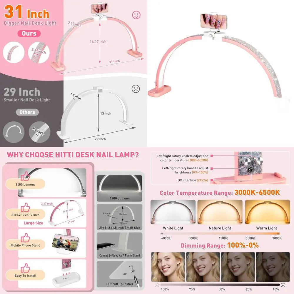 31 Large LED Nail Desk Lamp with Adjustable Arch Stand, Ideal for Manicure, Handicraft, and Eyelash Extensions - Pink