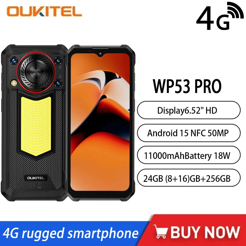 NEW OUKITEL WP53 PRO 4G Rugged Smartphone 6.52" 24GB+256GB 11000mAh 18W Android 15 NFC 50MP 128dB Speaker 36mm Cell Mobile Phone