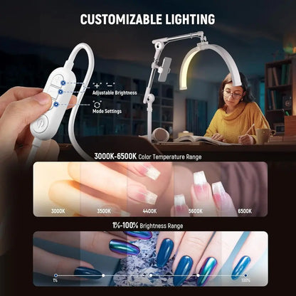 NEEWER B22" Hal Moon Lash Light with Aulating Desk Clamp Mount Stand/Pe Holder, 32W oldable LED Nail Tech Table Arc Lamp or Make