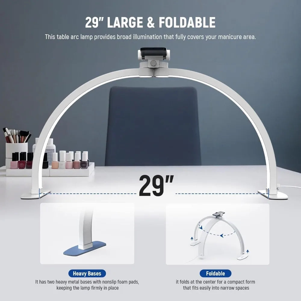 Basics 29 Half Moon Nail Light for Desk, 36W Foldable Nail Tech Table Arc Lamp, LED Manicure Half Ring Light with Phone