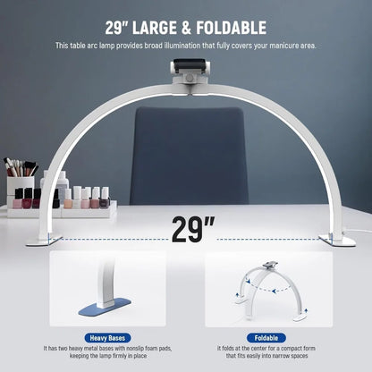 Basics 29 Half Moon Nail Light for Desk, 36W Foldable Nail Tech Table Arc Lamp, LED Manicure Half Ring Light with Phone