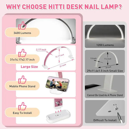 31 Large LED Nail Desk Lamp with Adjustable Arch Stand, Ideal for Manicure, Handicraft, and Eyelash Extensions - Pink