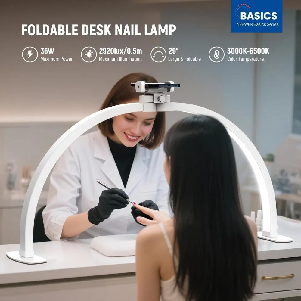 Basics 29 Half Moon Nail Light for Desk, 36W Foldable Nail Tech Table Arc Lamp, LED Manicure Half Ring Light with Phone