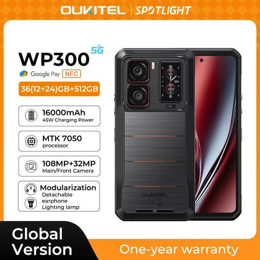 Oukitel WP300 Rugged Phone 16000mAh 36GB（12+24）GB+512GB Modular detachable Earbud/camping Light 6.78" FHD 120Hz 108MP Cell pho