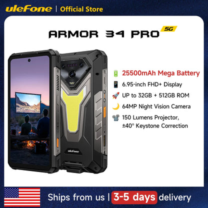 Ulefone Armor 34 Pro 5G AI Rugged Phone  6.95" 25500mAh Up to 32GB+512GB Built-in Projector 120Hz NFC Smartphone