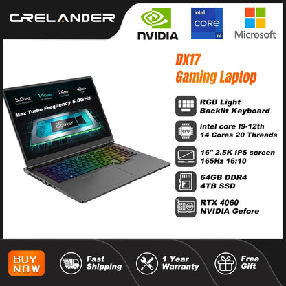 CRELANDER Laptop Gamer 16 Inch Intel Core i9 Processor 2.5k IPS Screen 165Hz RTX 4080  RAM 64GB 4TB SSD Notebook Gaming Laptop