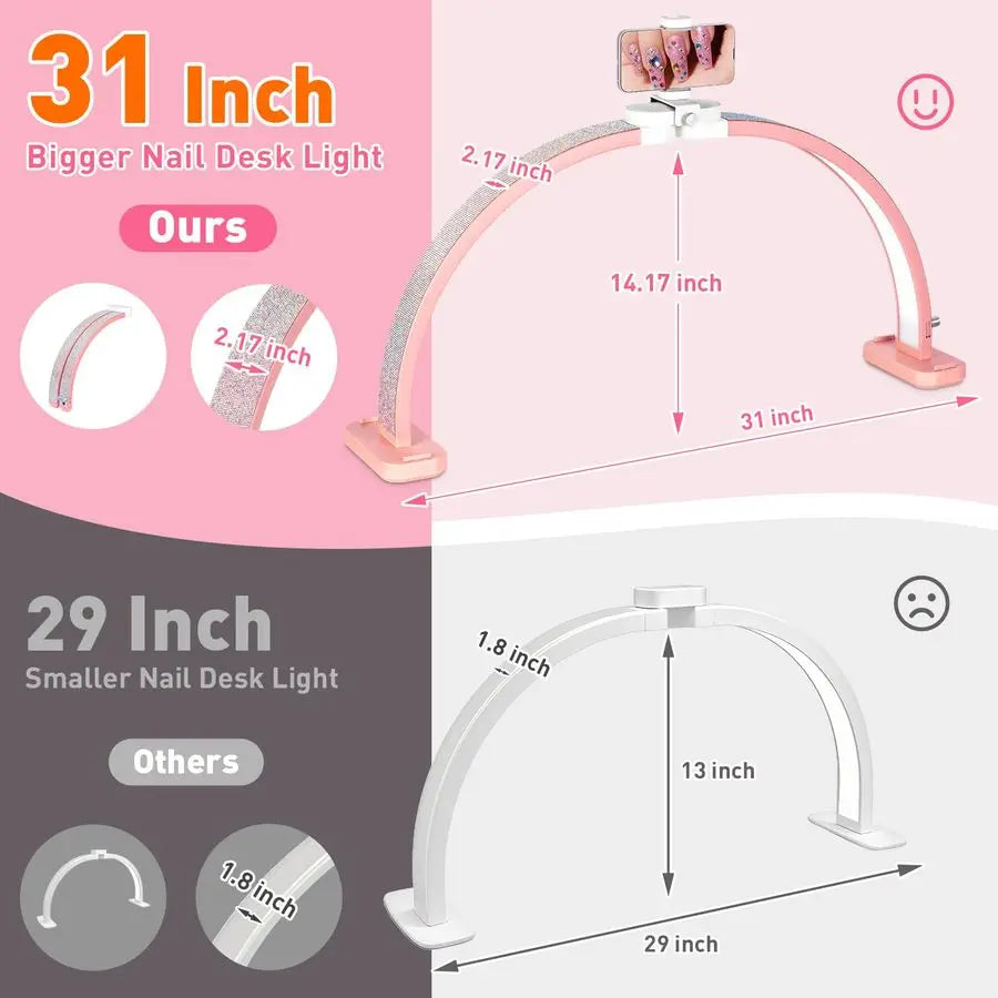 Super Large 31in Half Moon Light for Nail Desk, Foldable Arch Light for Nail Tech Lamp with Phone Stand, LED Table Lamp for Man