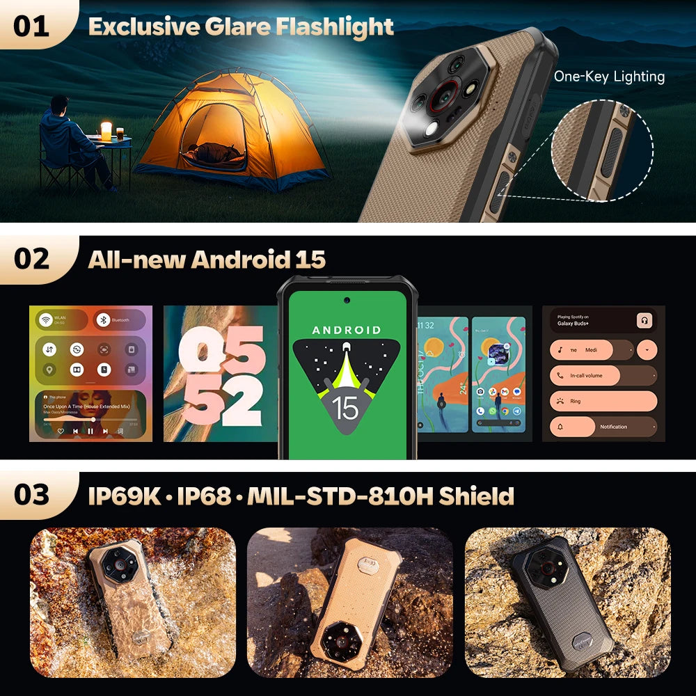 【2025 New】Ulefone Armor X16 Pro 5G Rugged Phone Smartphone Android 15 Up to 16GB+256GB 10360mAh Glare Flashlight Night Camera