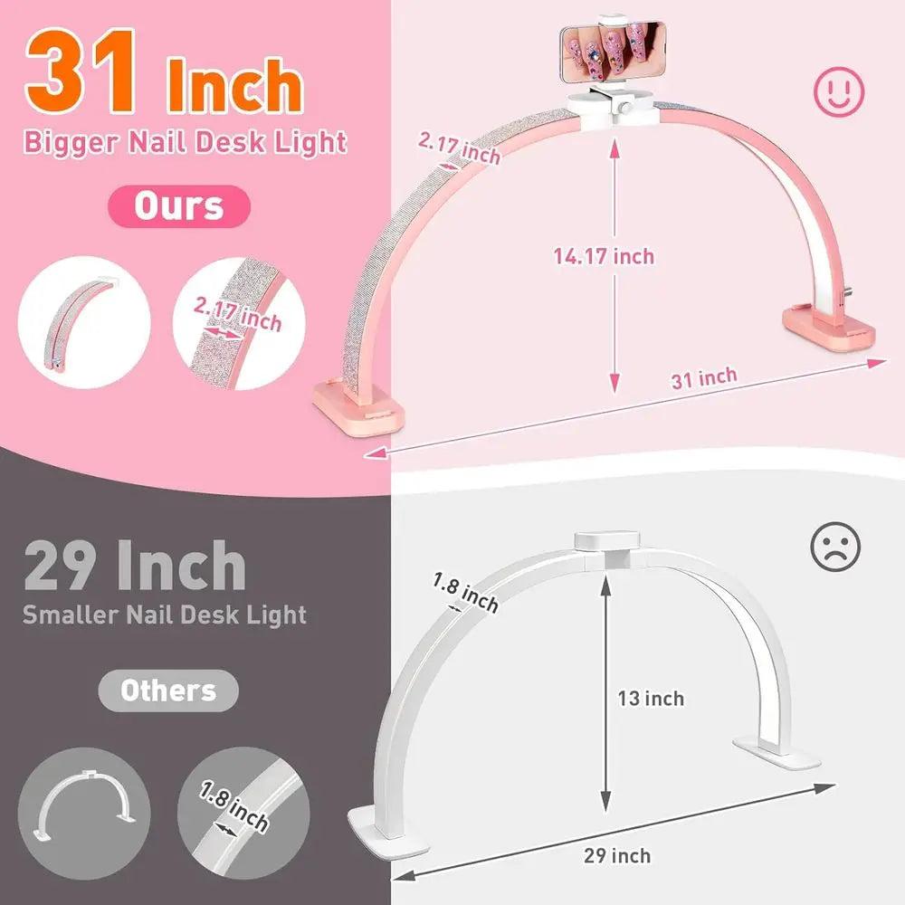 31 Large LED Nail Desk Lamp with Adjustable Arch Stand, Ideal for Manicure, Handicraft, and Eyelash Extensions - Pink