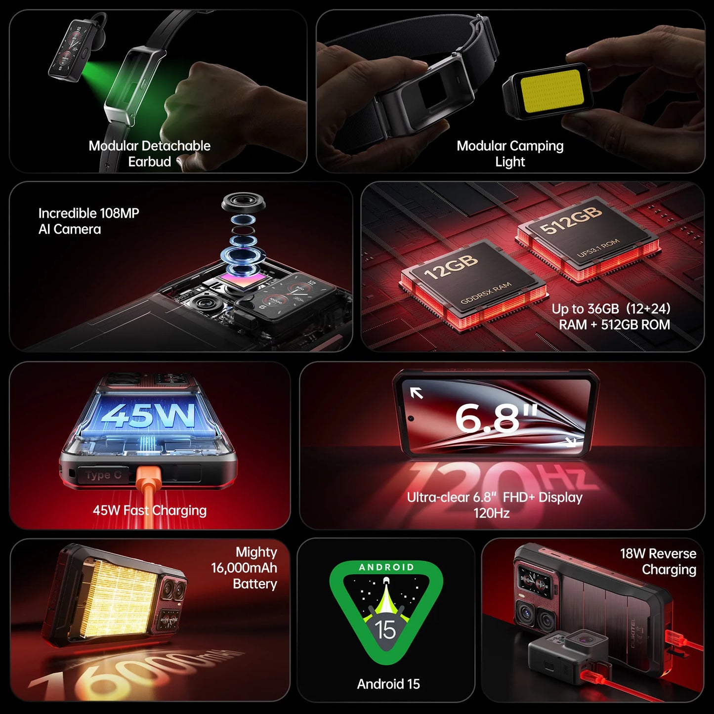 Oukitel WP300 Rugged Phone 16000mAh 36GB（12+24）GB+512GB Modular detachable Earbud/camping Light 6.78" FHD 120Hz 108MP Cell pho