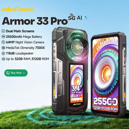 【World Premiere】Ulefone Armor 33 Pro 5G Rugged Phone 25500 mAh 512GB ROM 120Hz 6.59”3.4" Rear Screen NFC Android Smartphone