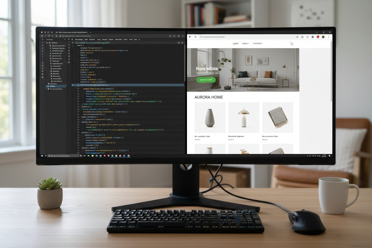 Una captura de pantalla de un editor de código (como VS Code) al lado de una ventana de navegador mostrando una tienda Shopify moderna